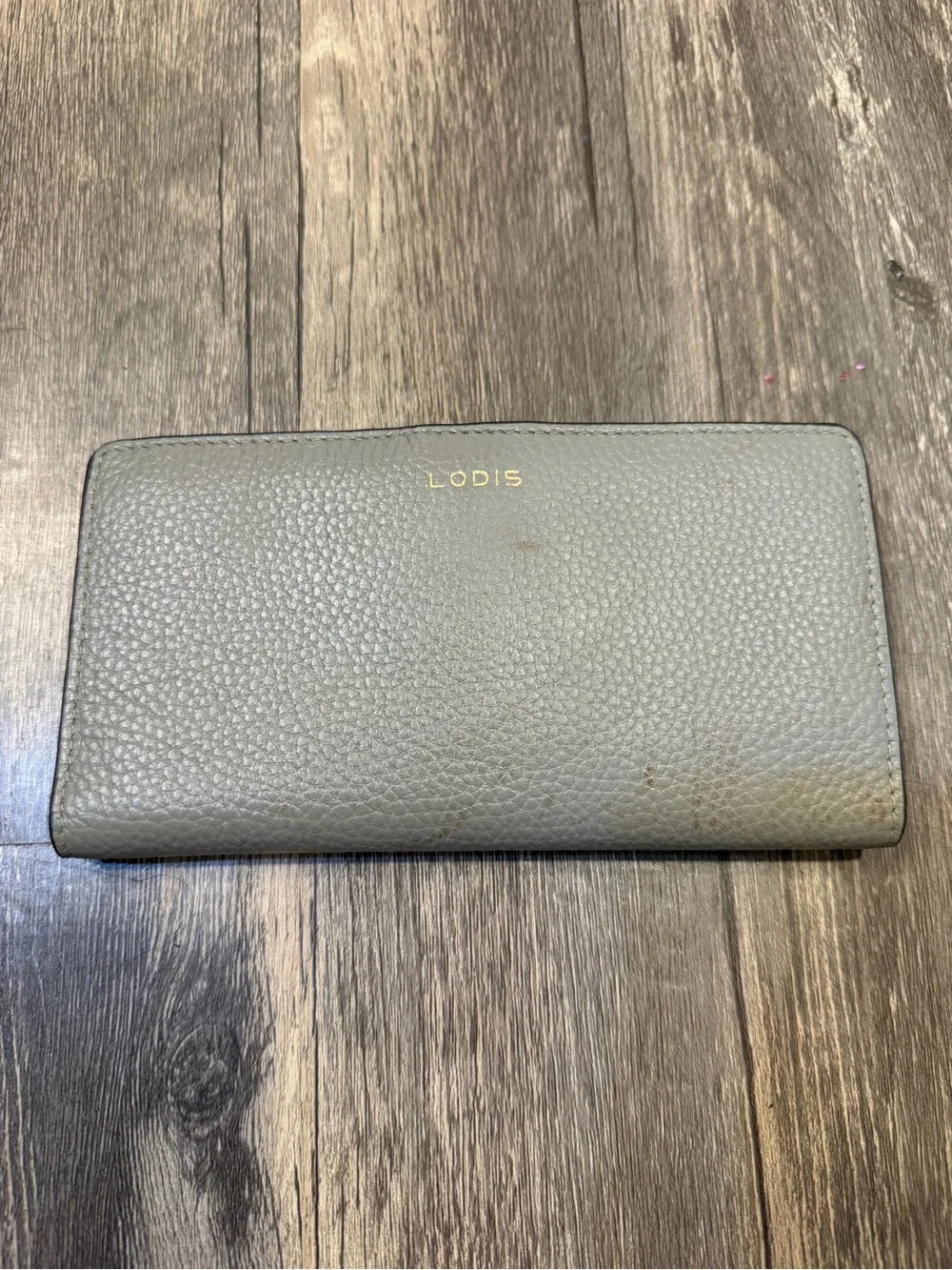 Lodis Gray Pebbled Leather Bifold Slim Wallet Snap Closure Minimalist Flawed